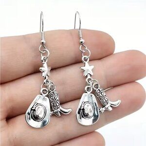 Western Style Pendant Earrings with Antique Stars, Cowboy Hat, and Boots Z132